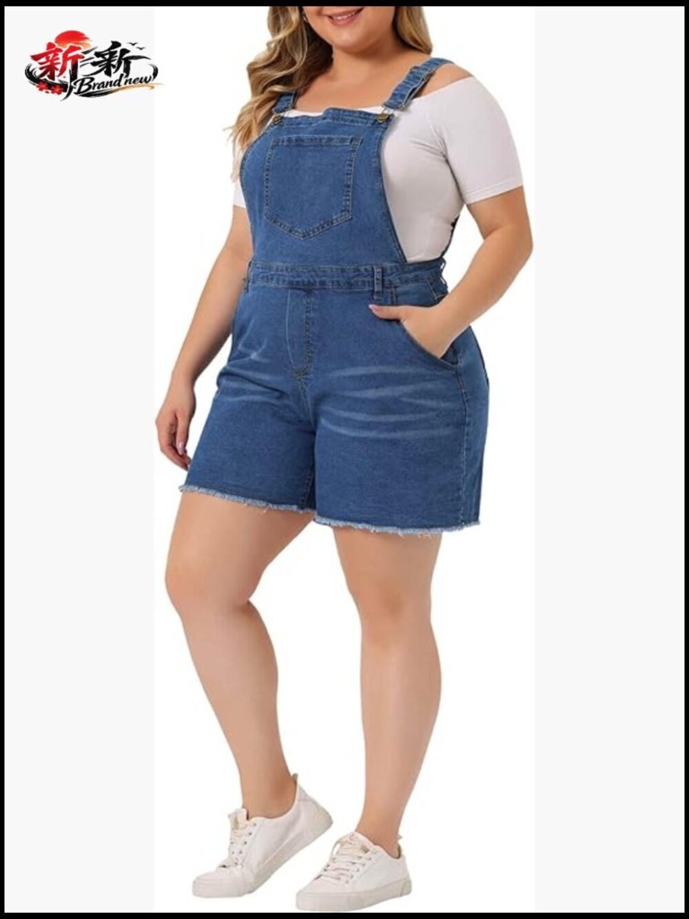 Plus Size Denim Overall Shorts Raw Hem Adjustable Strap Rompers